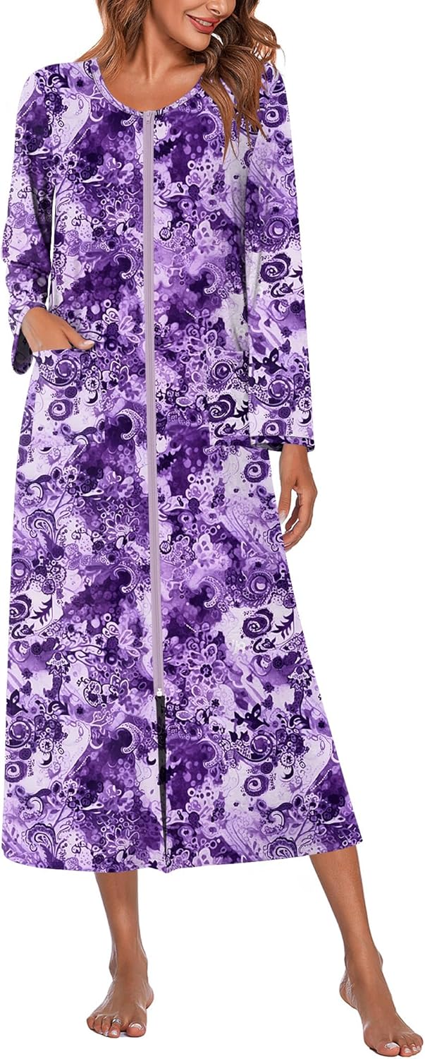 Ekouaer Women Long House Coat Zipper Front Robes Full Length Nightgowns with Pockets Striped Loungewear S-4XL - Image 5