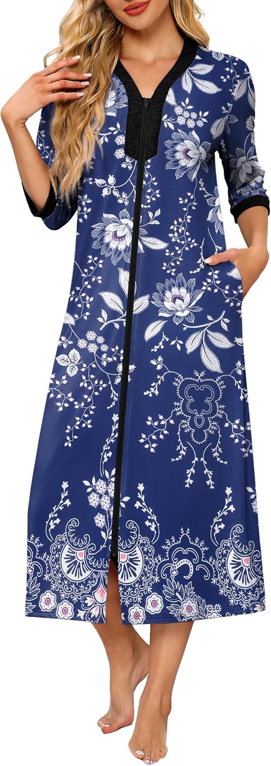 Ekouaer Women's Zipper Robe 3/4 Sleeves Housecoat Full Length Nightgown Soft Loungewear Robe with Pockets S-3XL - Image 6