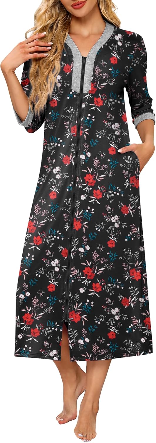 Ekouaer Women's Zipper Robe 3/4 Sleeves Housecoat Full Length Nightgown Soft Loungewear Robe with Pockets S-3XL - Image 7