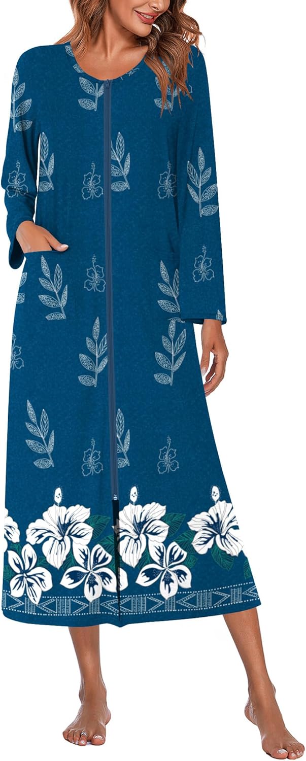 Ekouaer Women Long House Coat Zipper Front Robes Full Length Nightgowns with Pockets Striped Loungewear S-4XL - Image 7