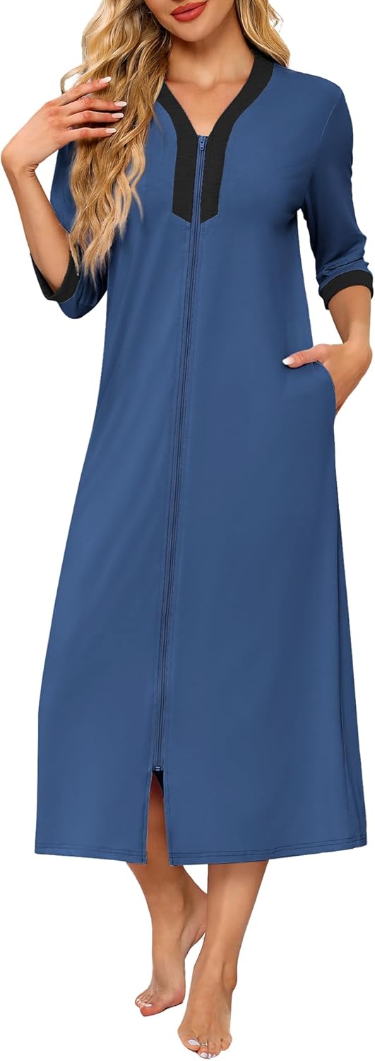 Ekouaer Women's Zipper Robe 3/4 Sleeves Housecoat Full Length Nightgown Soft Loungewear Robe with Pockets S-3XL - Image 8