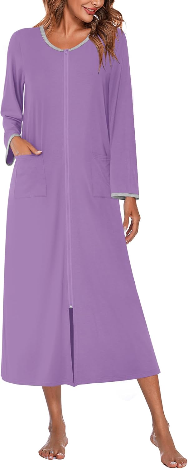 Ekouaer Women Long House Coat Zipper Front Robes Full Length Nightgowns with Pockets Striped Loungewear S-4XL - Image 8