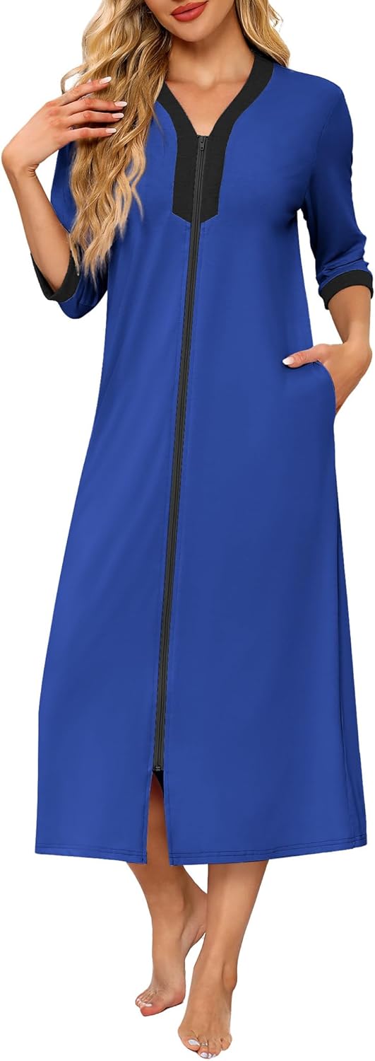 Ekouaer Women's Zipper Robe 3/4 Sleeves Housecoat Full Length Nightgown Soft Loungewear Robe with Pockets S-3XL - Image 9