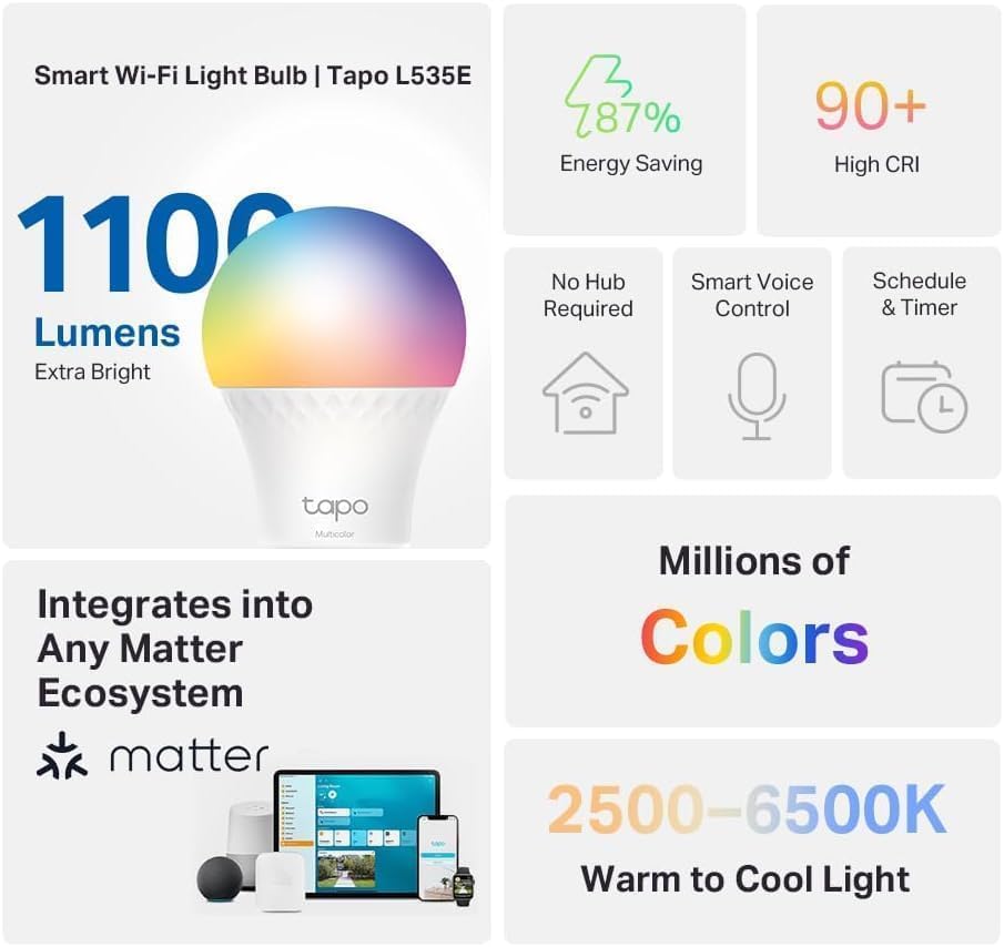 Tapo TP-Link Smart Light Bulbs, 1100 Lumens High Brightness (75W Equivalent), Matter-Certified, 16M Colors WiFi Light Bulb, Dimmable, Works w/Siri, Alexa & Google Home, A19 E26, L535E(4-Pack)