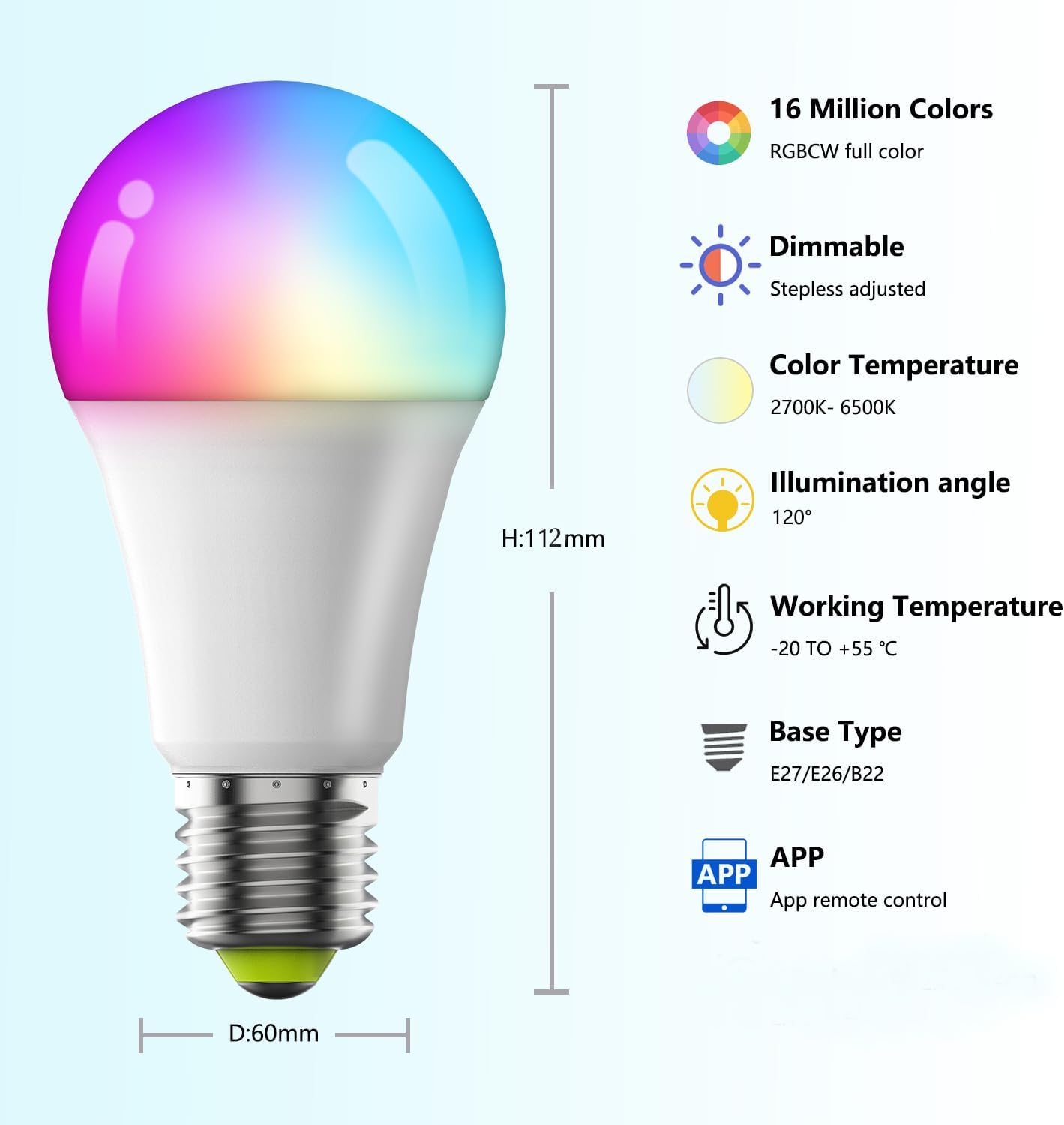OMTO Smart LED Bulbs, Bluetooth Light Bulbs, RGB+CCT Color Changing Light Bulbs with App Control, A19, E26, 10W Music Sync and 8 Scene Mode for Living Room Bedroom Party (Not Support WiFi/Alexa) (2)