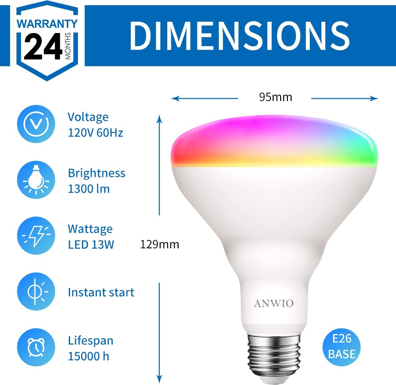 Alternative view of ANWIO Smart Light Bulb BR30 RGB Color Changing LED WiFi Dimmable Multicolor Light Bulbs E26 Base, Compatible with Alexa, Google Assistant, No Hub Required, 1300 Lumen 13W (100W Equivalent) 2 Pack