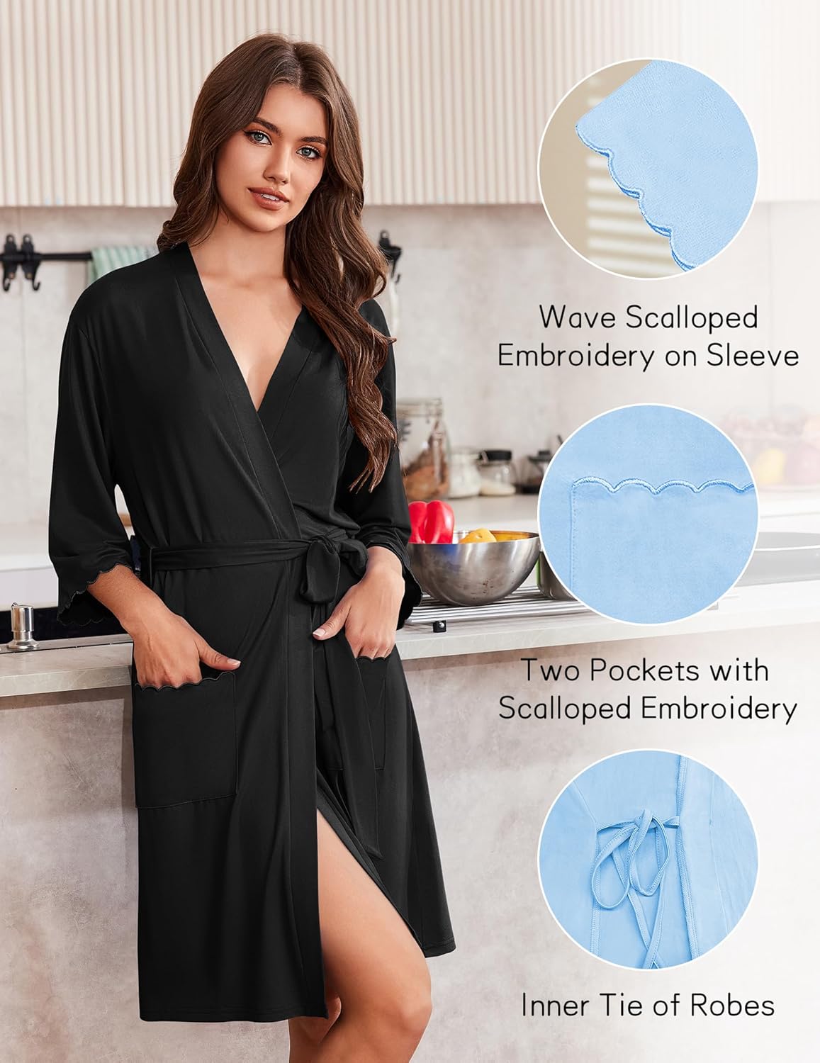 Ekouaer Robes for Women Knee Length Kimono Bathrobe Lightweight 3/4 Sleeve Sleepwear Soft Loungewear with Pockets S-XXL