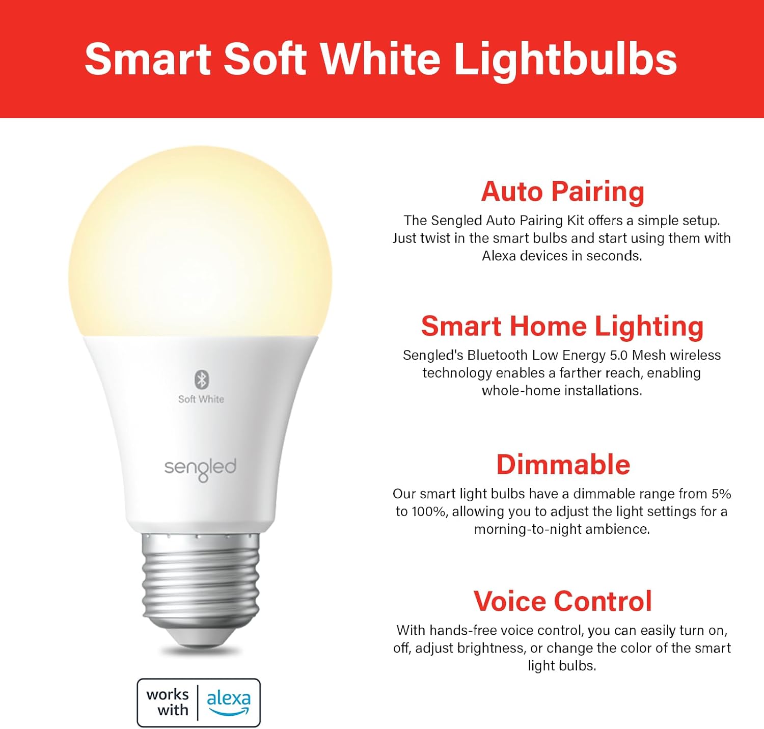 Sengled Alexa Light Bulb, S1 Auto Pairing with Alexa Devices, Warm Smart Light Bulbs, Bluetooth Mesh Smart Home Lighting, E26 60W Equivalent, 800LM, 1-Pack