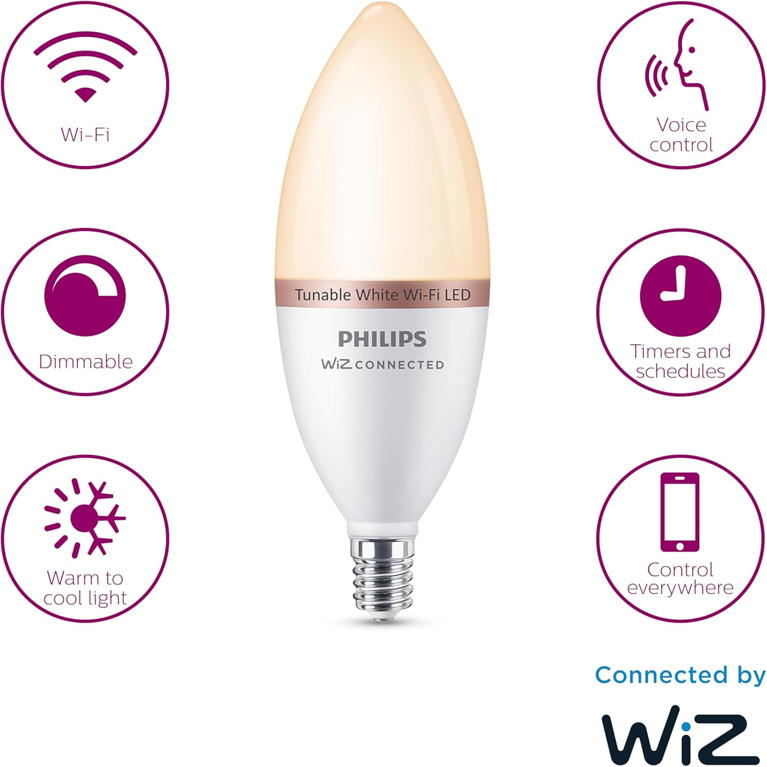 Alternative view of Philips Smart 40W B12 Tunable White Smart Candle-shape 4-Pack, E12, Dimmable, Indoor, Connect to Wi-Fi, Control Voice or App - Powered by WiZ Connected