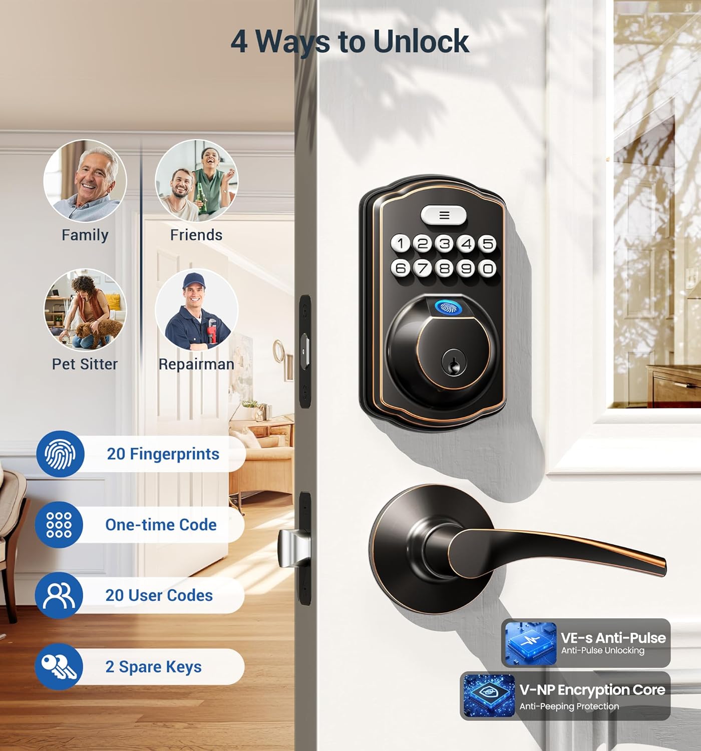 Alternative view of Veise Fingerprint Door Lock with 2 Lever Handles - Keyless Entry Door Lock, Electronic Keypad Deadbolt, Digital Smart Code & Front Handle Sets, Auto-Locking, Easy Installation, Oil Rubbed Bronze