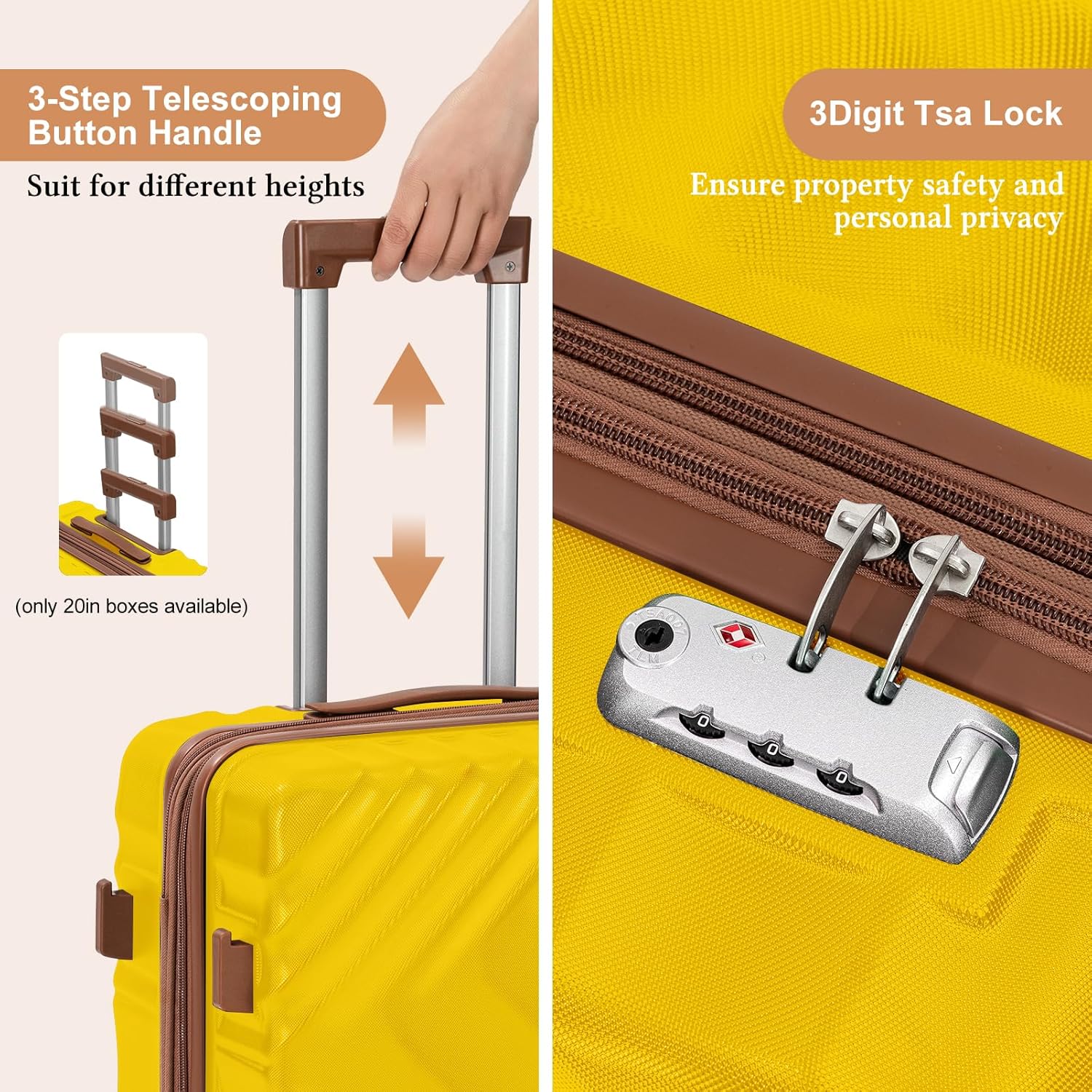 Rosamo 5 piece Luggage Set Expandable Suitcase 22x14x9 Airline Approved Carry on, ABS Hard Case Suitcases with Spinner Wheels, TSA Lock (Yellow)