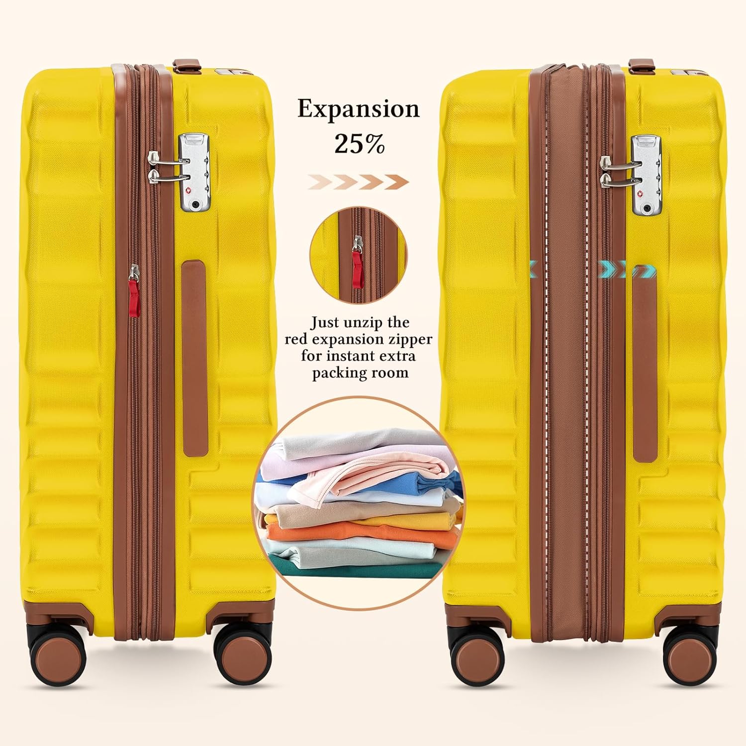 Alternative view of Rosamo 5 piece Luggage Set Expandable Suitcase 22x14x9 Airline Approved Carry on, ABS Hard Case Suitcases with Spinner Wheels, TSA Lock (Yellow)