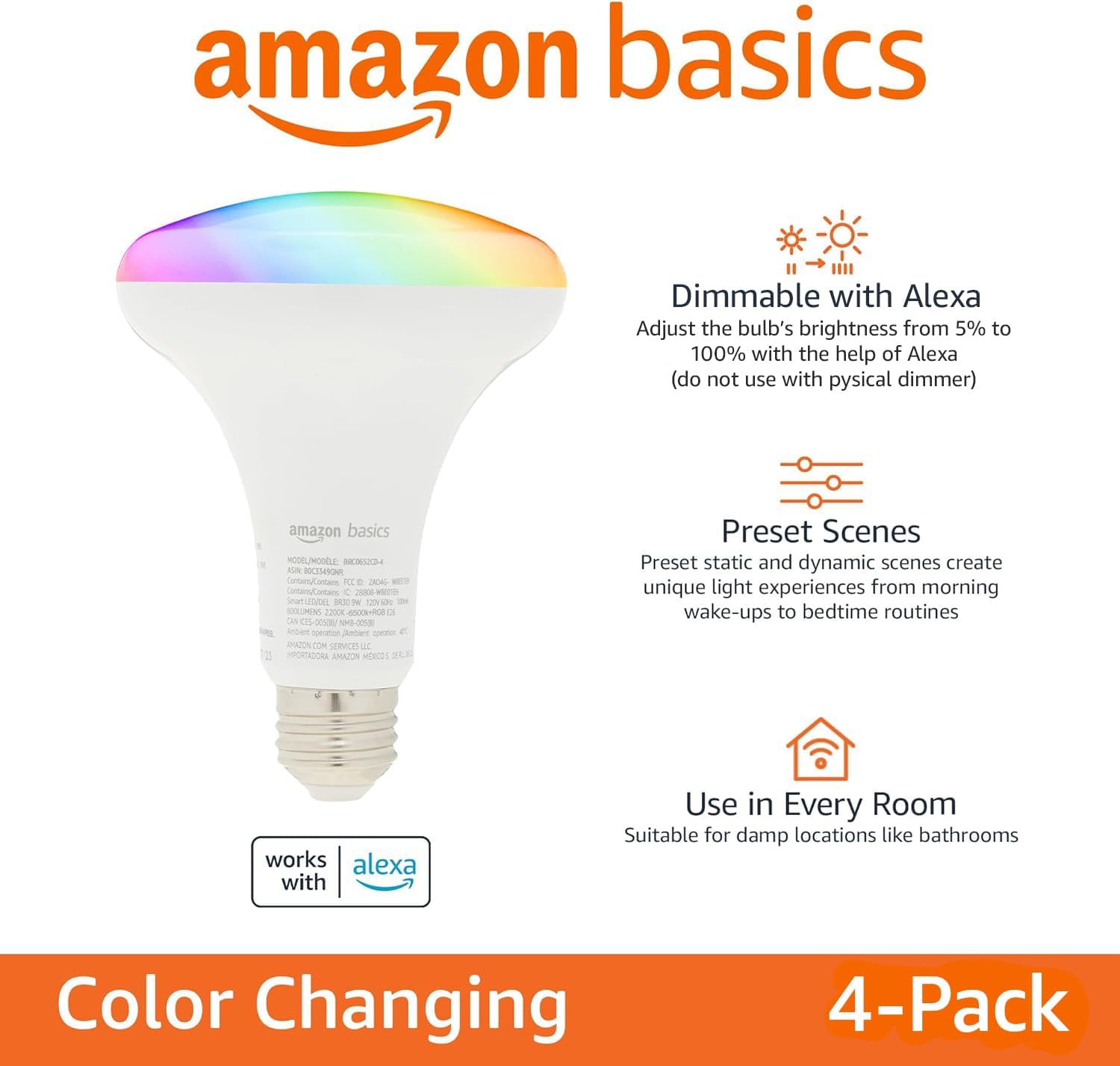 Alternative view of Amazon Basics Smart BR30 LED Light Bulb, Color Changing, 9W (60W Equivalent), 800LM, Works with Alexa Only, 2.4 GHz Wi-Fi, No Hub Required, 4 Pack