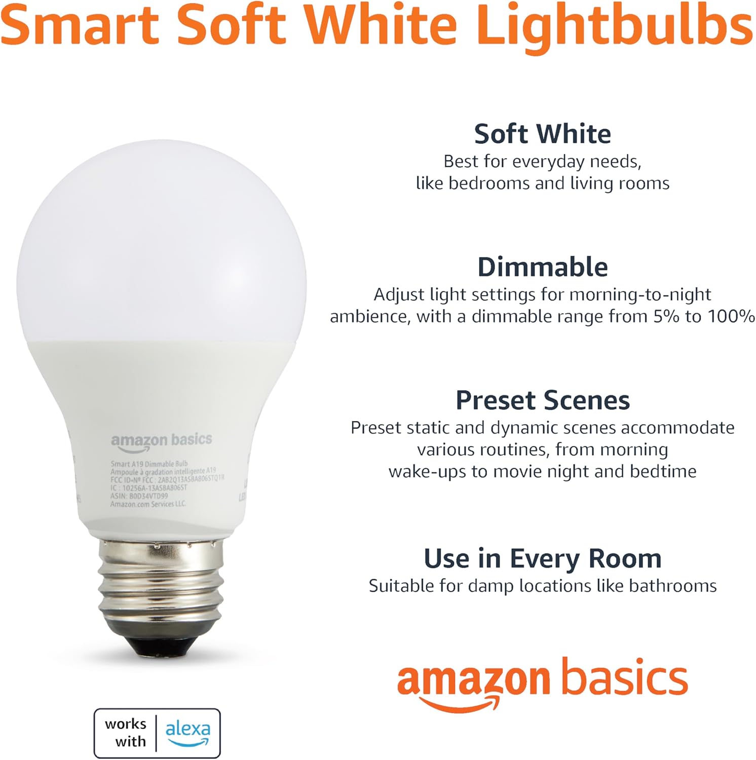Amazon Basics Smart A19 LED Light Bulb, Dimmable Soft White (2700K), 9W (60W Equivalent), 800LM, Works with Alexa Only, 2.4 GHz Wi-Fi, No Hub Required, 1 Pack