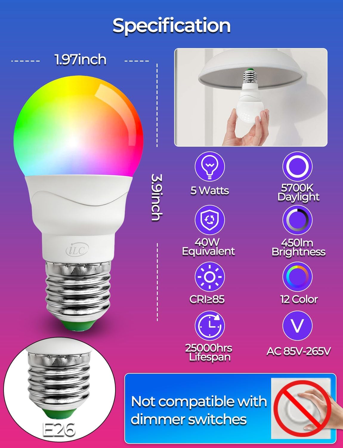 ILC RGB LED Light Bulb, Color Changing 40W Equivalent, Daylight White, 450LM Dimmable 5W E26 Screw Base RGBW, Mood Light Bulb - 12 Color Choices - Timing Infrared Remote Control Included (4 Pack)