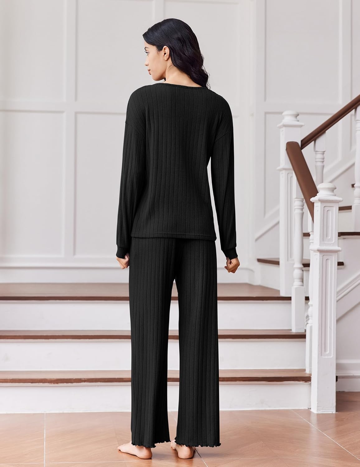 Ekouaer Lounge Sets for Women Comfy Ribbed Knit Pajamas Fall Long Sleeve Sleepwear 2 Piece Casual Loungewear,S-XXL