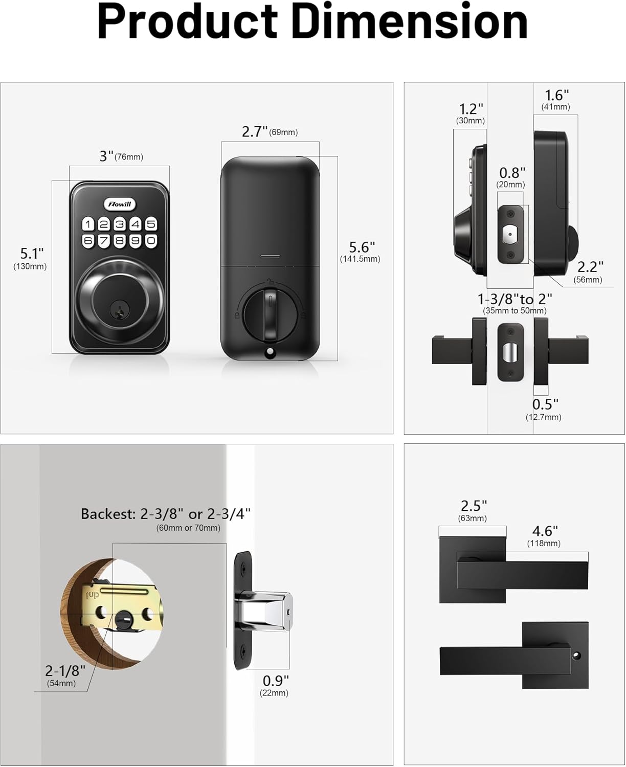 Zowill Keyless Entry Door Lock with 2 Lever Handles, Zowill Electronic Keypad Deadbolt, Auto-Locking, Anti-Peeping Password, Digital Code Door Lock, Front Door Handle Sets, Matte Black
