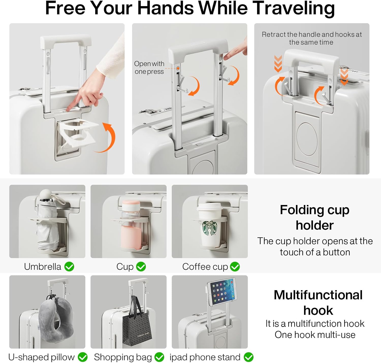 Alternative view of mixi Carry On Luggage with Cup Phone Holder and Charger Hard Shell Suitcases with Spinner Wheels, 20 Inch Smoke White