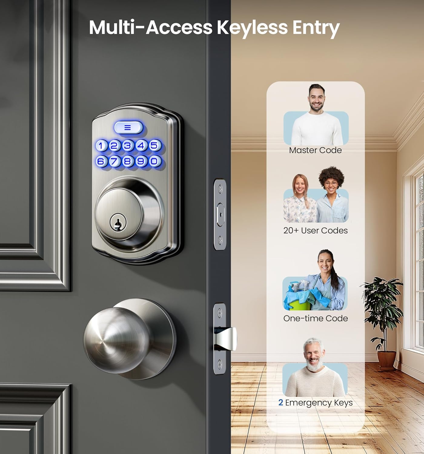 Veise Keyless Entry Door Lock with 2 Knobs, Electronic Backlit Keypad Deadbolt with Handle Set, Auto Lock, One-time Codes, Smart Deadbolt for Front Door, Easy Installation, Satin Nickel