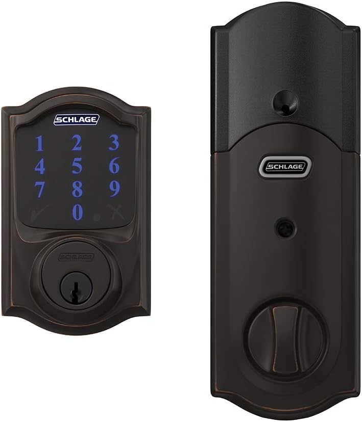 SCHLAGE BE469ZP CAM 716 SCHLAGE Connect Smart Deadbolt With Alarm Inbuilt Camelot Trim In Aged Bronze.