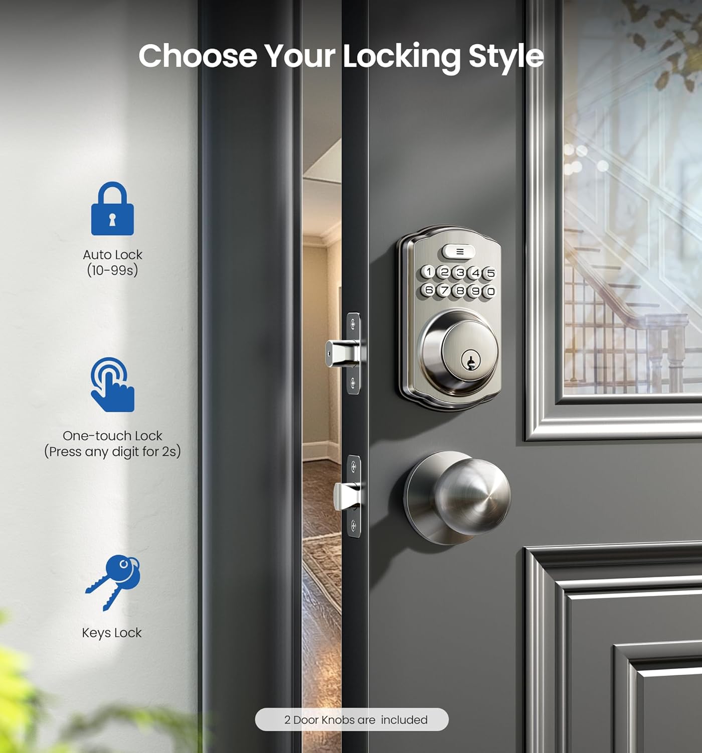 Alternative view of Veise Keyless Entry Door Lock with 2 Knobs, Electronic Backlit Keypad Deadbolt with Handle Set, Auto Lock, One-time Codes, Smart Deadbolt for Front Door, Easy Installation, Satin Nickel