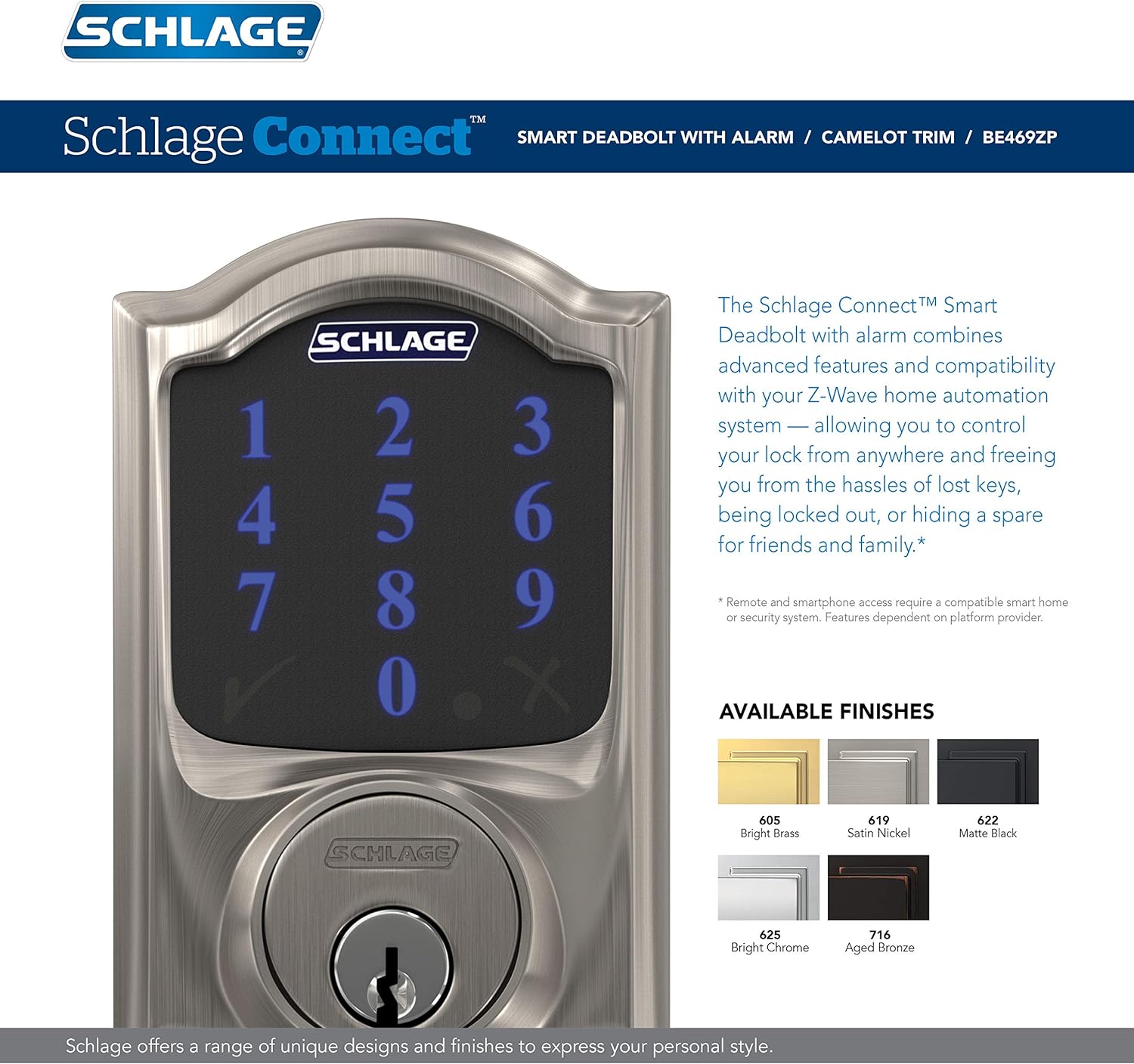 Alternative view of SCHLAGE BE469ZP CAM 716 SCHLAGE Connect Smart Deadbolt With Alarm Inbuilt Camelot Trim In Aged Bronze.