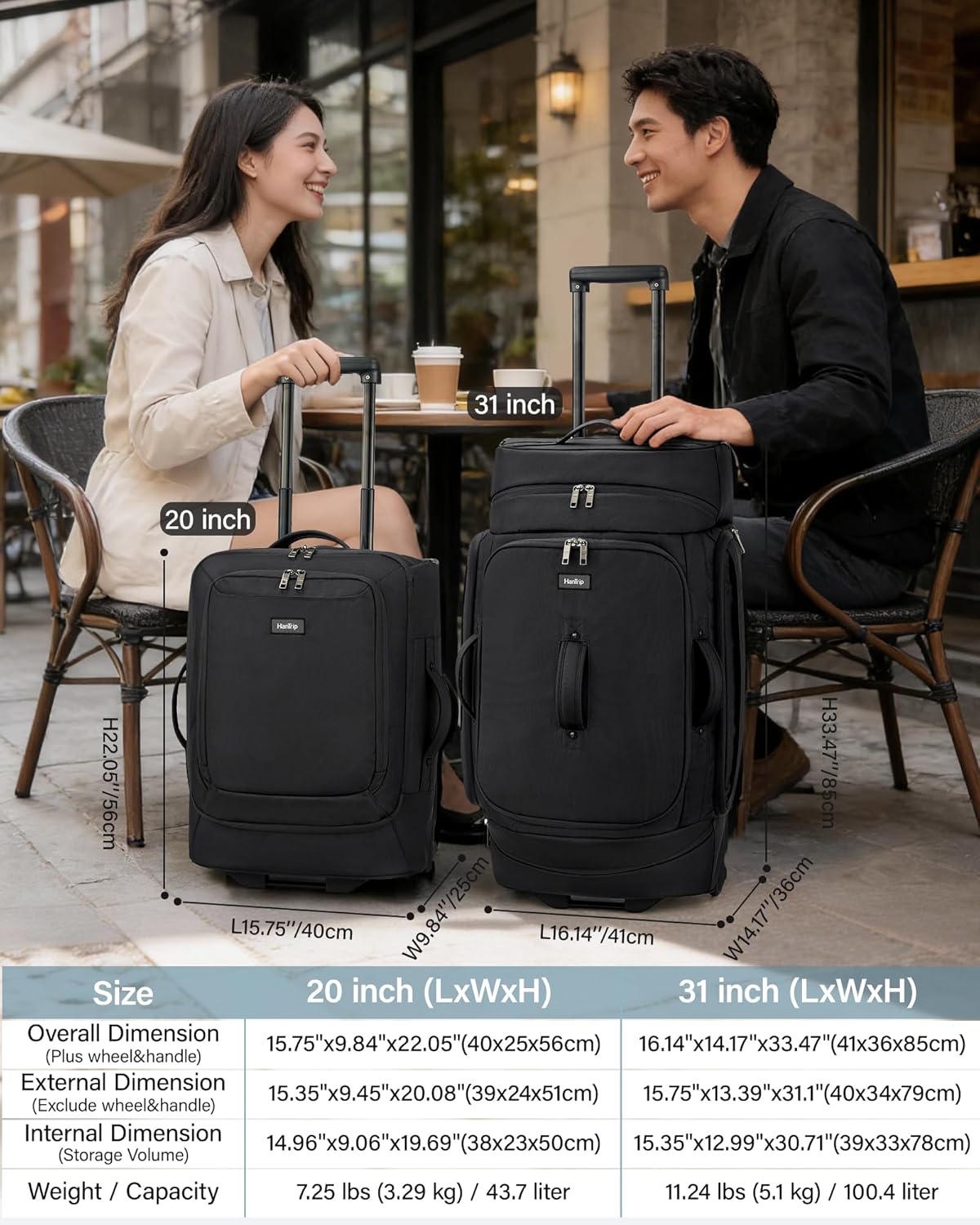 HanTrip Small Rolling Carry On Luggage Suitcases Duffle Bag with Wheels and Handle, 2 Wheeled Soft Sided Heavy Duty Luggage for Travel Carry On Roller Weekender Bag with Wheels for Women Men (Black)