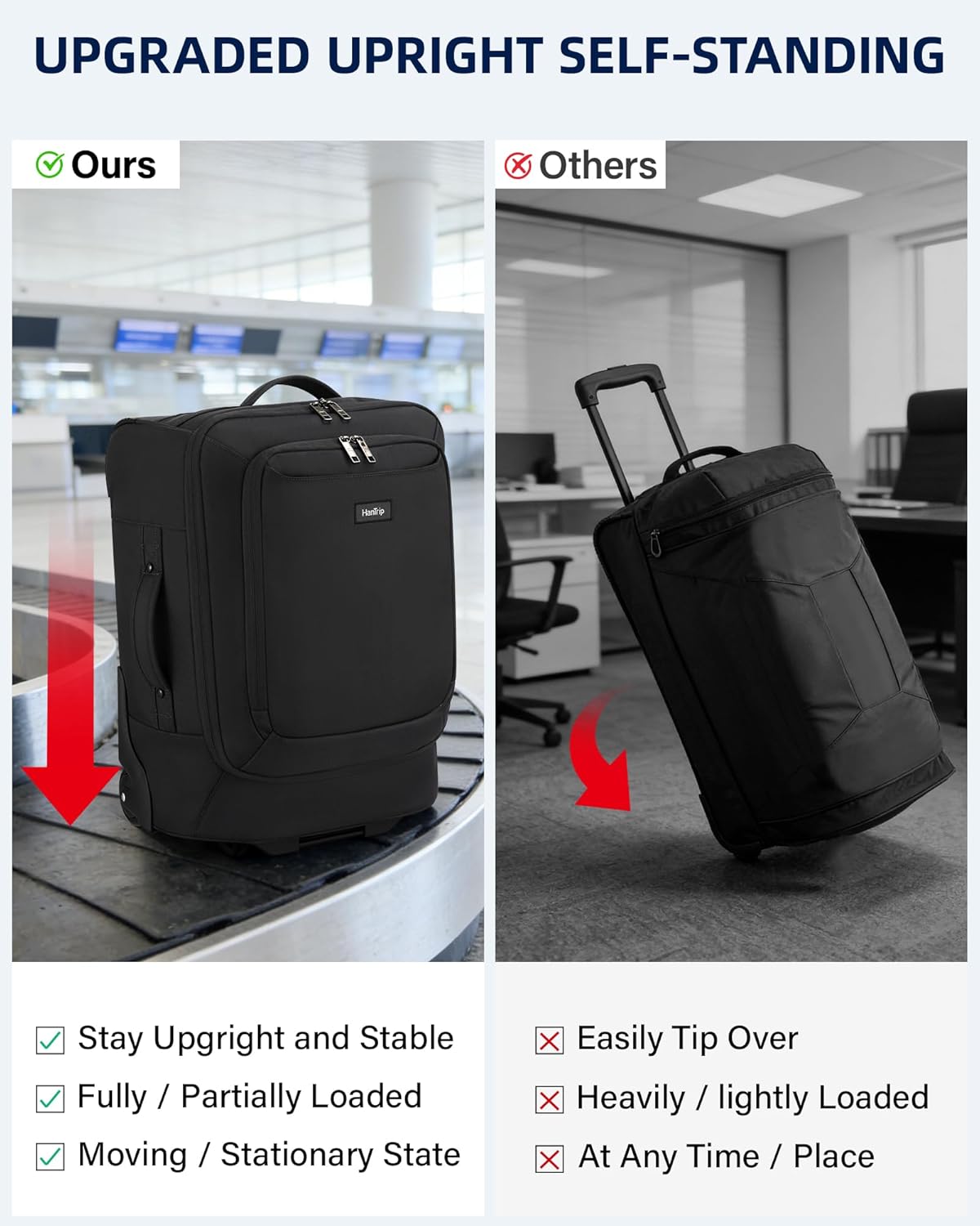 Alternative view of HanTrip Small Rolling Carry On Luggage Suitcases Duffle Bag with Wheels and Handle, 2 Wheeled Soft Sided Heavy Duty Luggage for Travel Carry On Roller Weekender Bag with Wheels for Women Men (Black)