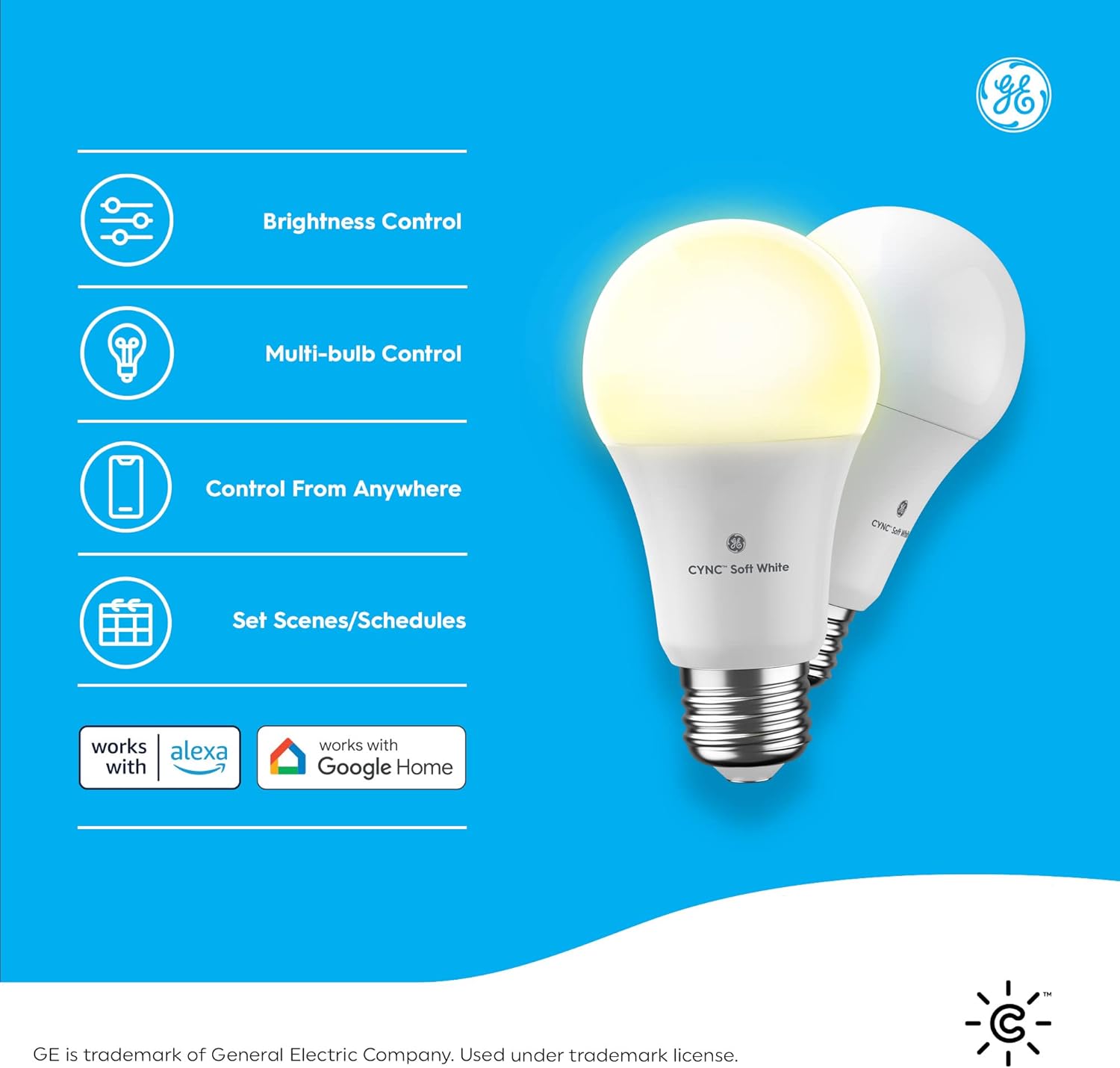 GE CYNC A19 Smart LED Light Bulbs, Soft White, Bluetooth and WiFi Light Bulbs, 60W Equivalent, Work with Amazon Alexa and Google Home (4 Pack)