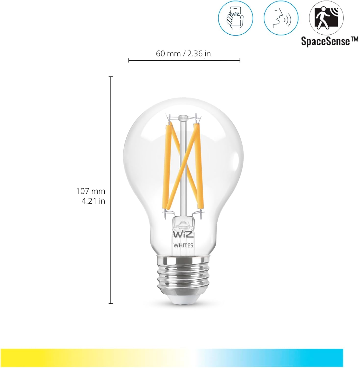 WiZ Clear 60W A19 Tunable White Filament LED Smart Bulb - Pack of 1 - E26- Indoor - Connects to Your Existing Wi-Fi - Control with Voice or App + Activate with Motion - Matter Compatible