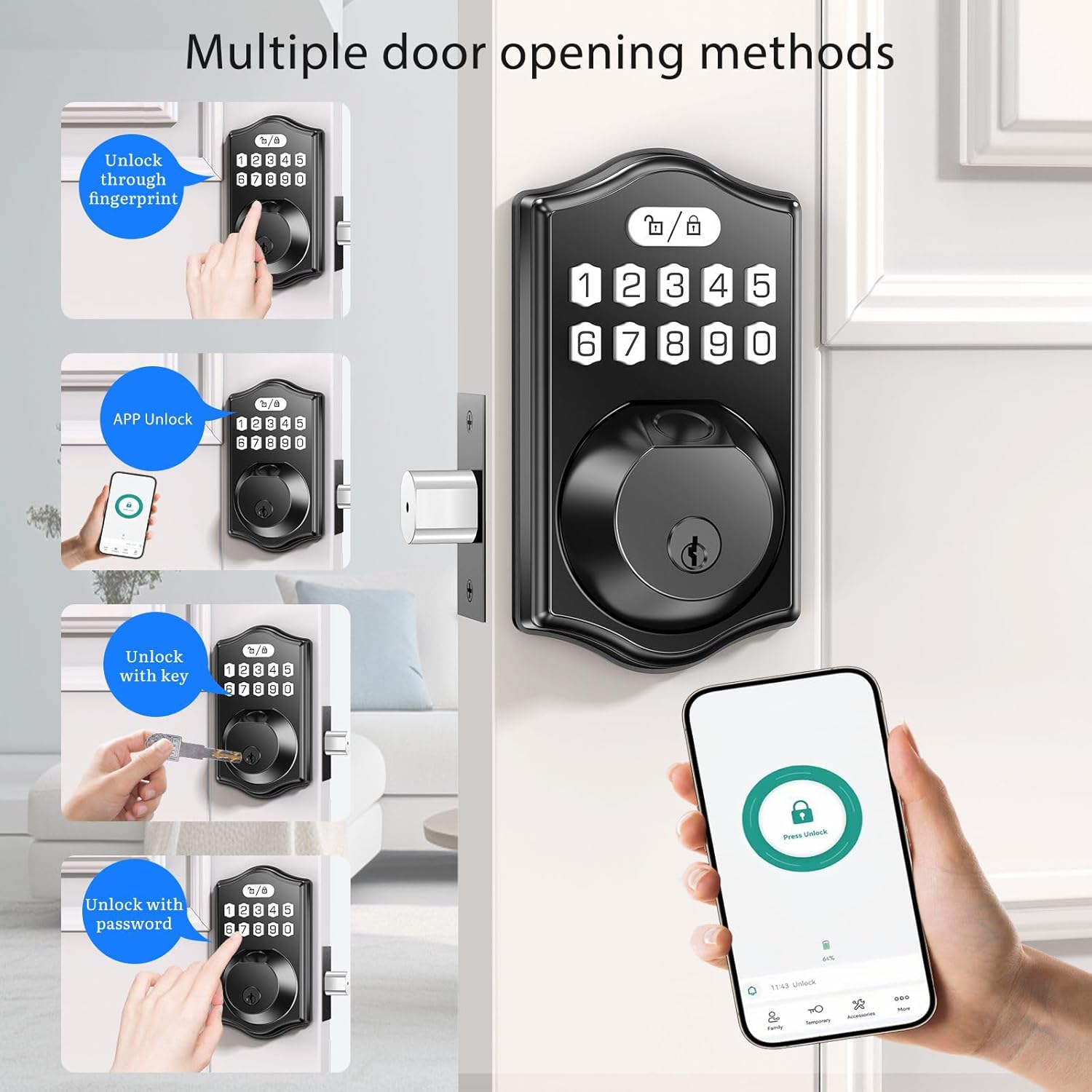 keyless Entry Door Lock deadbolt with Handle Set- Front Door Fingerprint Smart Locks with 2 Lever Handles-Keypad Code Deadbolt -App Control,Auto Lock,Easy to Install