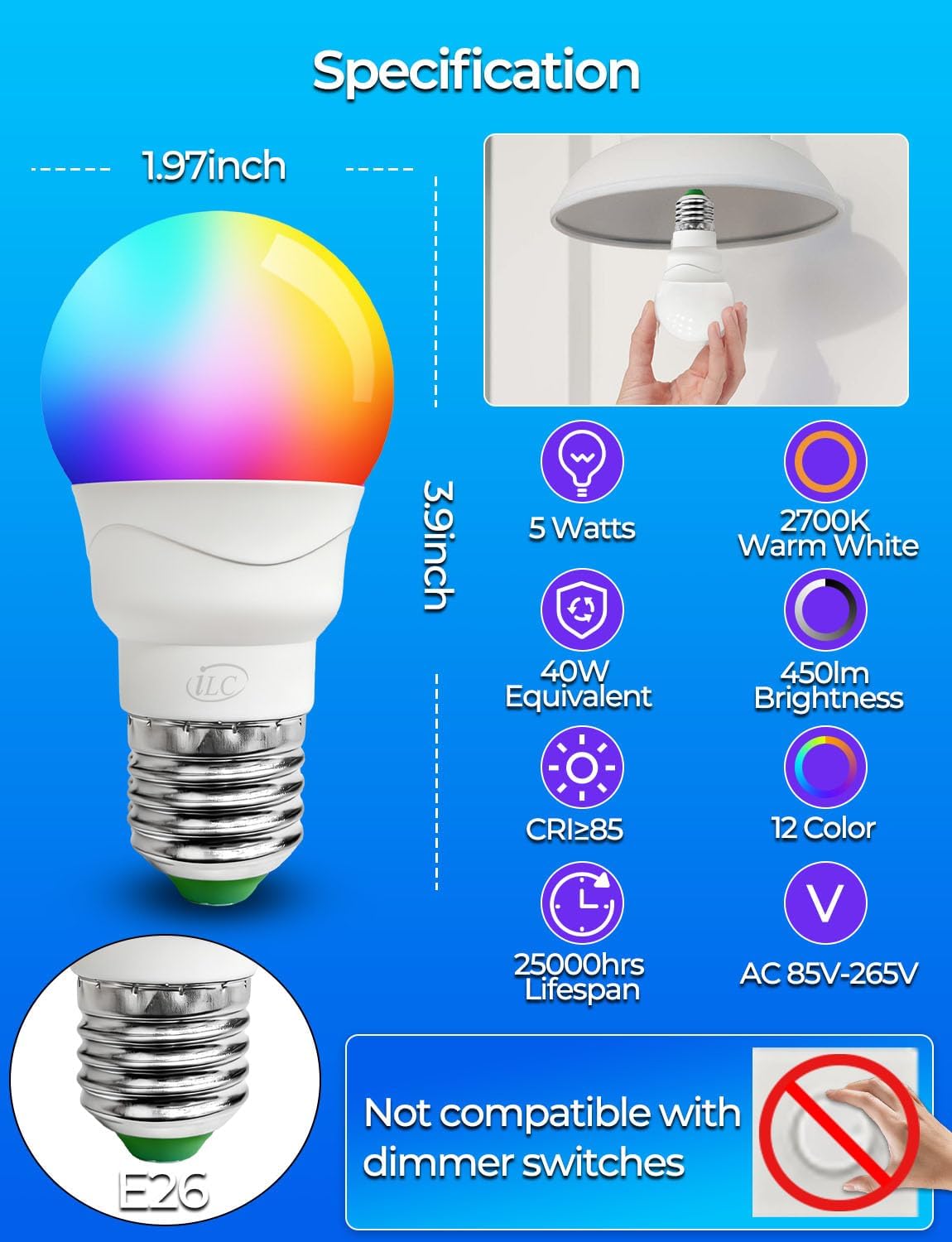 ILC RGB LED Color Changing Light Bulb, 40W Equivalent, 450LM, 2700K Warm White 5W E26 Screw Base RGBW, Flood Light Bulb- 12 Color Choices - Timing Infrared Remote Control (4 Pack)