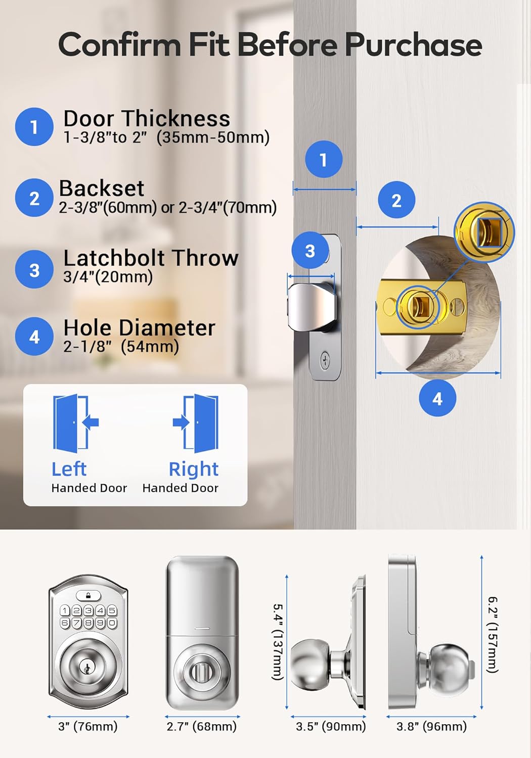 TEEHO TE003 Keyless Entry Keypad Door Lock with Handle, Electronic Digital Smart Deadbolt Locks with 2 Backup Keys, Door Knob with Code for Front Door Bedroom, Auto Lock, Easy to Install, Satin Nickel