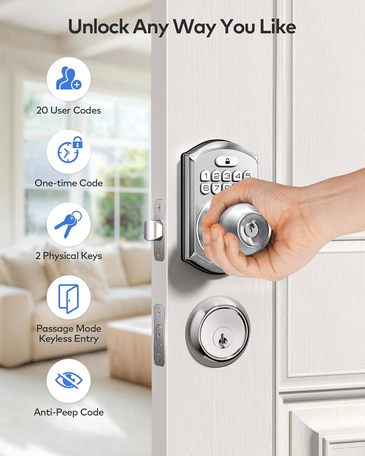 Alternative view of TEEHO TE003 Keyless Entry Keypad Door Lock with Handle, Electronic Digital Smart Deadbolt Locks with 2 Backup Keys, Door Knob with Code for Front Door Bedroom, Auto Lock, Easy to Install, Satin Nickel