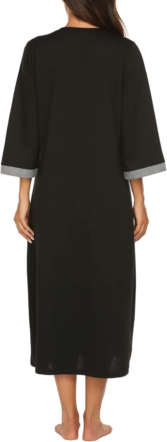 Ekouaer Women Zipper Robe 3/4 Sleeves Loungewear Dress Full Length Sleepwear Pockets Housecoat Nightgown Long Bathrobe - Image 5