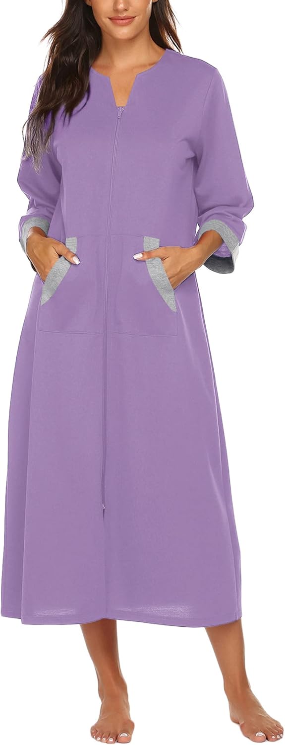 Ekouaer Women Zipper Robe 3/4 Sleeves Loungewear Dress Full Length Sleepwear Pockets Housecoat Nightgown Long Bathrobe - Image 7