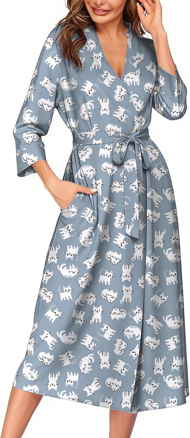 Ekouaer Women Robes Long Knit Bathrobe Lightweight Soft Kimono Robes Casual Ladies Loungewear with Pockets