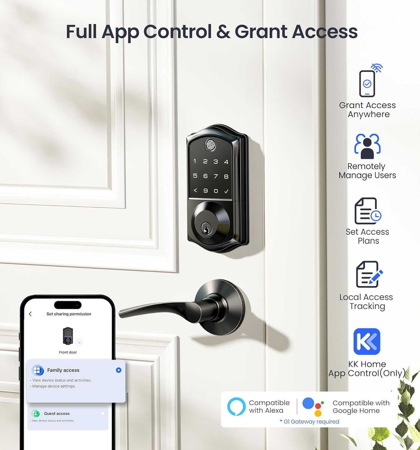 Alternative view of Veise VE017 Fingerprint Smart Door Lock, App Control, 8-in-1 Keyless Entry, Auto Lock, Emergency Power Port, Electronic Touchscreen Keypad, Biometric Smart Locks for Front Door, Matte Black