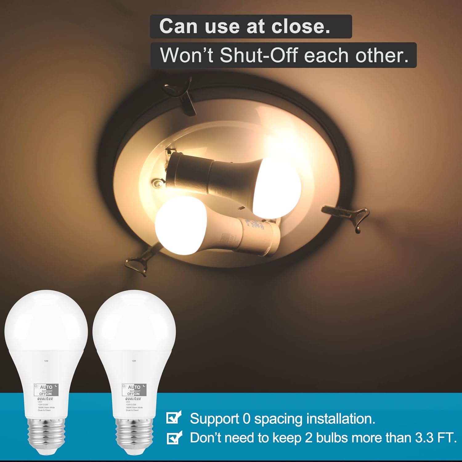 Alternative view of Qualilux Dusk to Dawn LED Light Bulbs Outdoor, Automatic On/Off, 60W Equivalent, Warm White 3000K, Energy Efficient 9.5W, 850 Lumen, A19, E26 Base, 4-Pack, HQ-H009