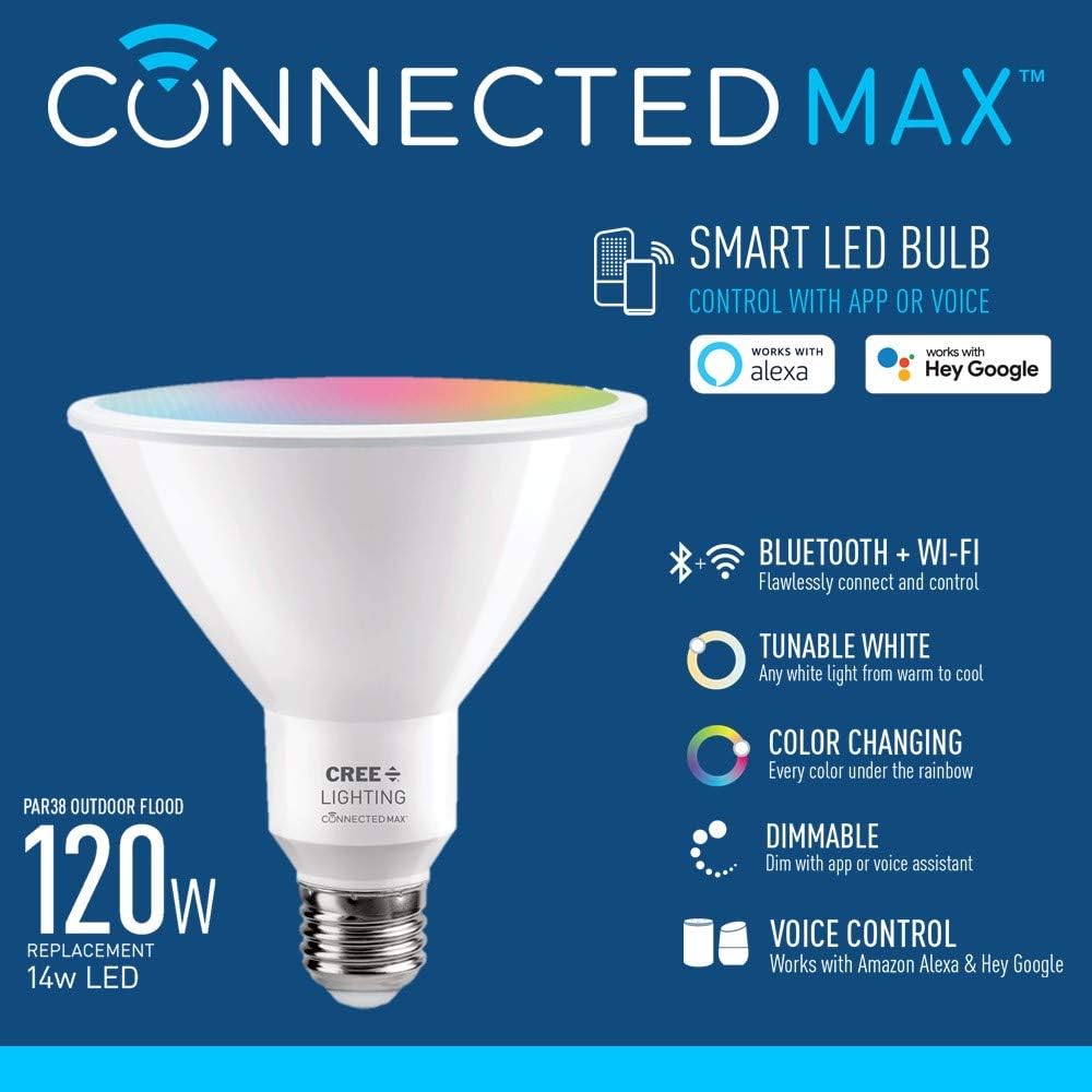 Alternative view of Cree Lighting Connected Max Smart Led Bulb Par38 Outdoor Flood Tunable White + Color Changing, 2.4 Ghz, Works with Alexa and Google Home, No Hub Required, Bluetooth + WiFi, 1Pk