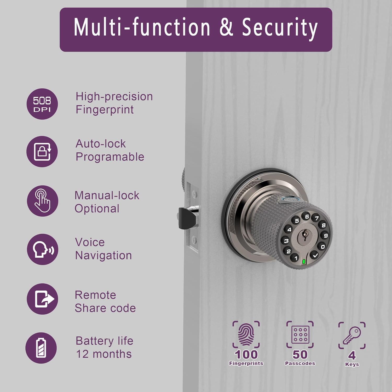 Alternative view of BOTHSTAR Double Sided Keyless Door Knob Lock with Fingerprint and Keypad, Smart Doorknob with Dual Cylinders for Exterior or Interior Door(Double Sided Fingerprint Satin Nickel)