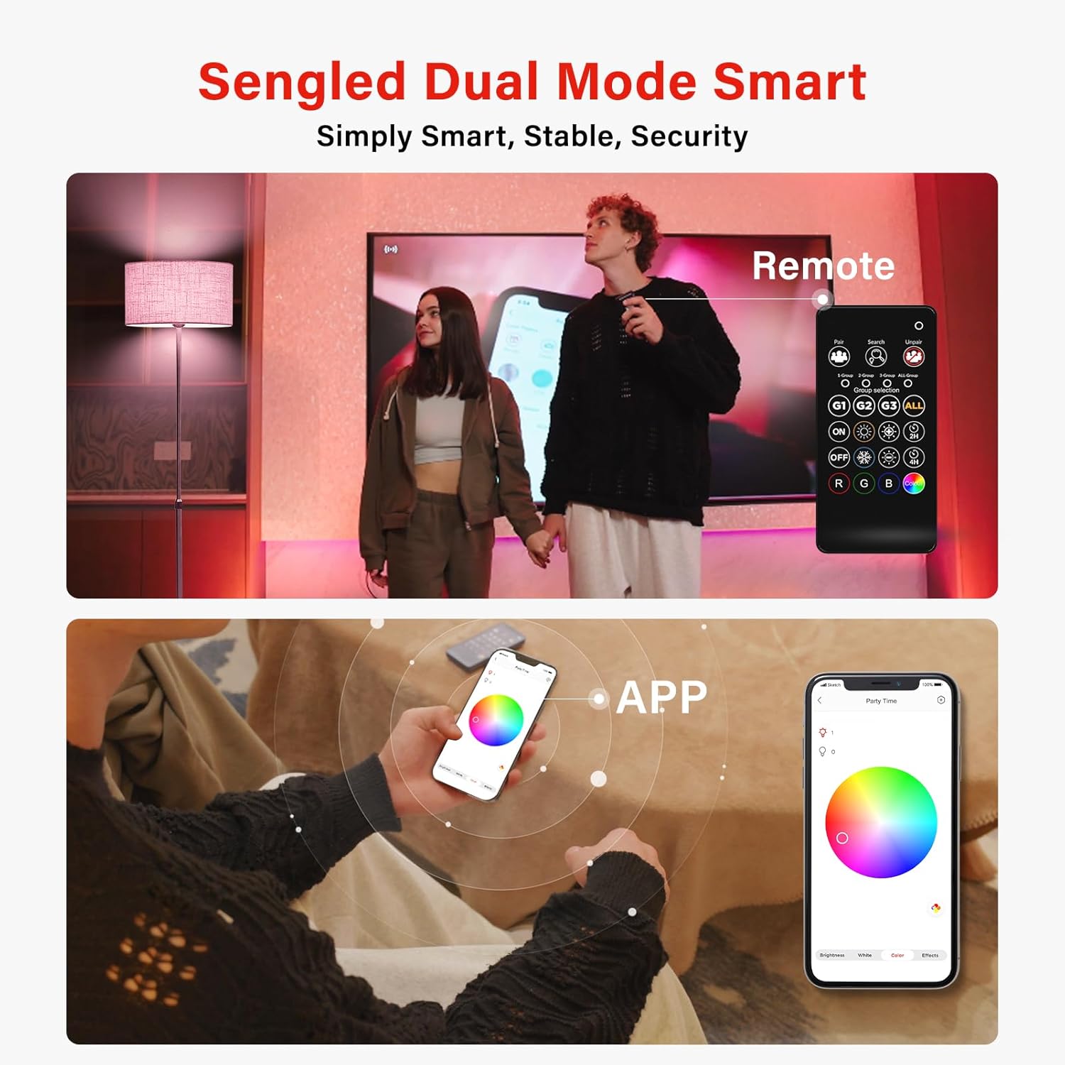 Sengled Dual Mode Smart Light Bulbs with Remote & App Control, Color Changing Light Bulbs, RGBW LED Bulbs 2700K-6500K Dimmable, 60W, Local Group Control (4P+ 1 Remote, No Support Alexa & Google)