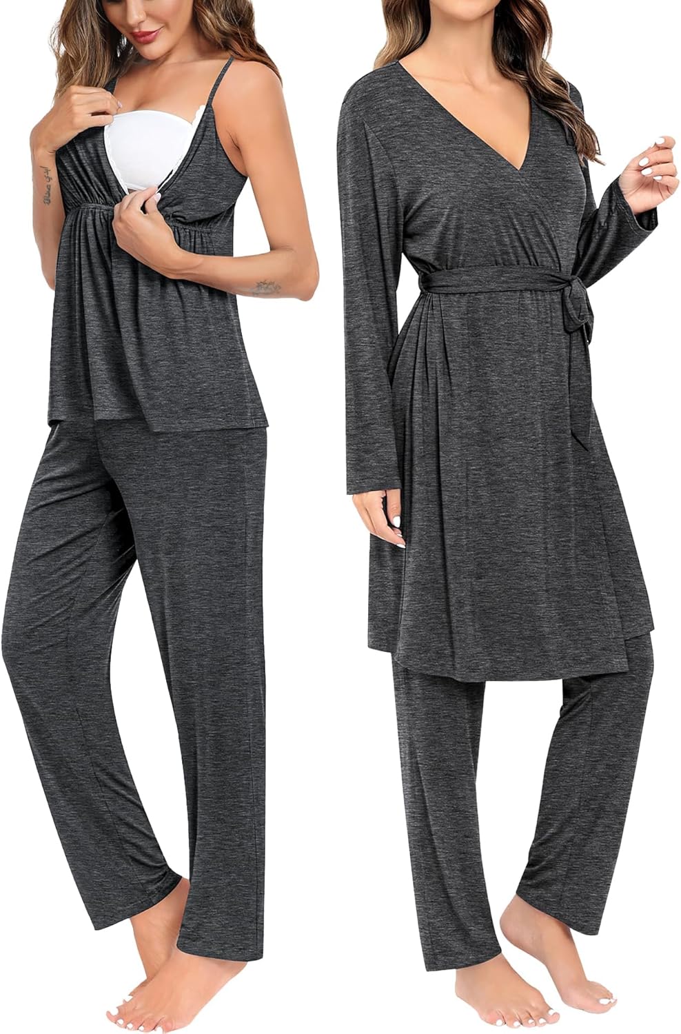 SWOMOG Maternity Nursing Robe Set 3 Piece Breastfeeding Pajamas 3 in 1 Labor Delivery Sleevless Tops&Long Pants Pregnancy Pjs