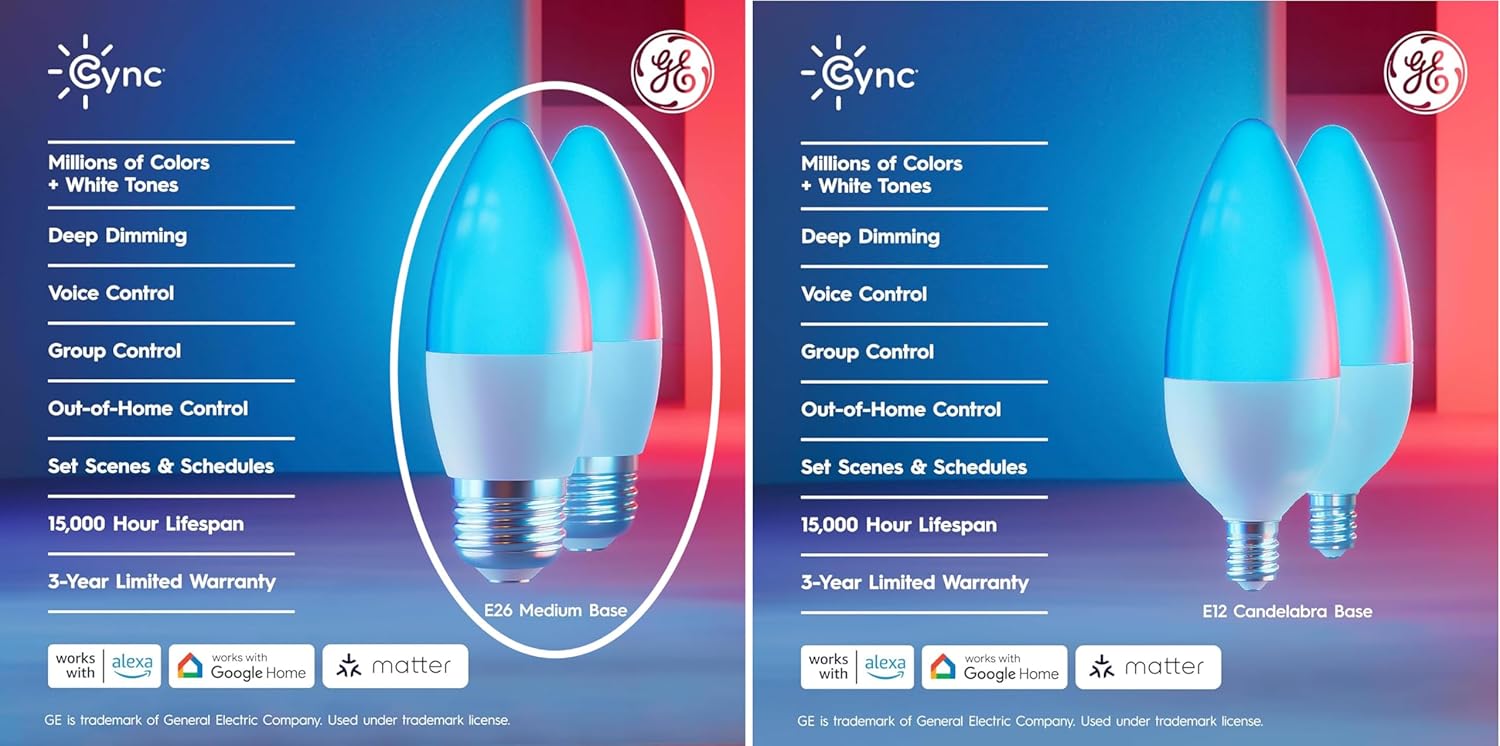 GE Cync Smart LED Light Bulbs, Color Changing Decorative Light Bulbs, Indoor WiFi Lights, Matter Compatible, Compatible with Alexa and Google Home, Medium Base (3 Pack)