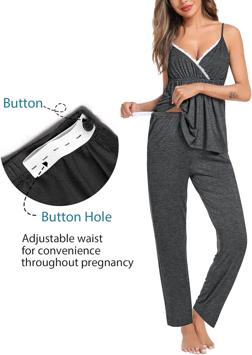 Alternative view of SWOMOG Maternity Nursing Robe Set 3 Piece Breastfeeding Pajamas 3 in 1 Labor Delivery Sleevless Tops&Long Pants Pregnancy Pjs