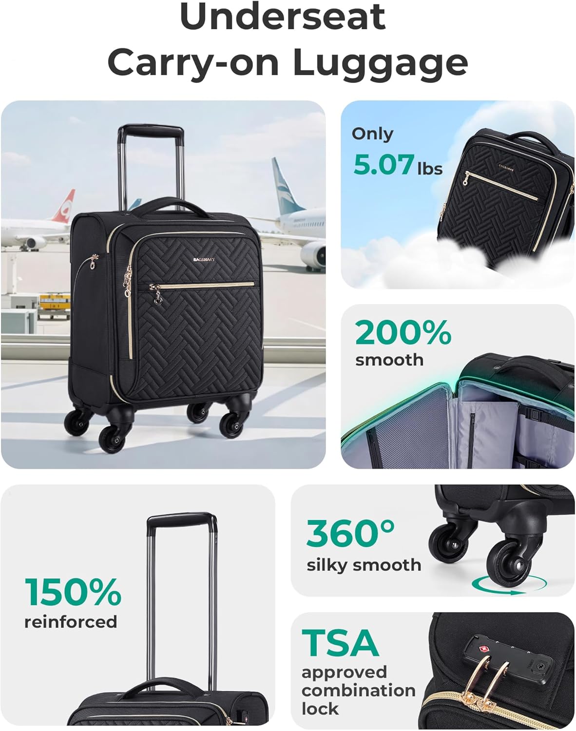 BAGSMART Underseat Carry On luggage Airline approved, 16-inch Softside Underseater Travel Suitcase with Spinner Wheels Lightweight Overnight Bag Small Rolling Carry-on for Women Men Weekender,Black