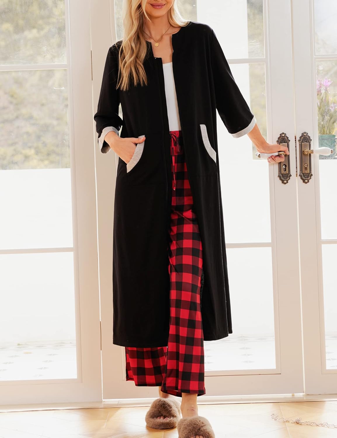 Alternative view of Ekouaer Women Zipper Robe 3/4 Sleeves Loungewear Dress Full Length Sleepwear Pockets Housecoat Nightgown Long Bathrobe