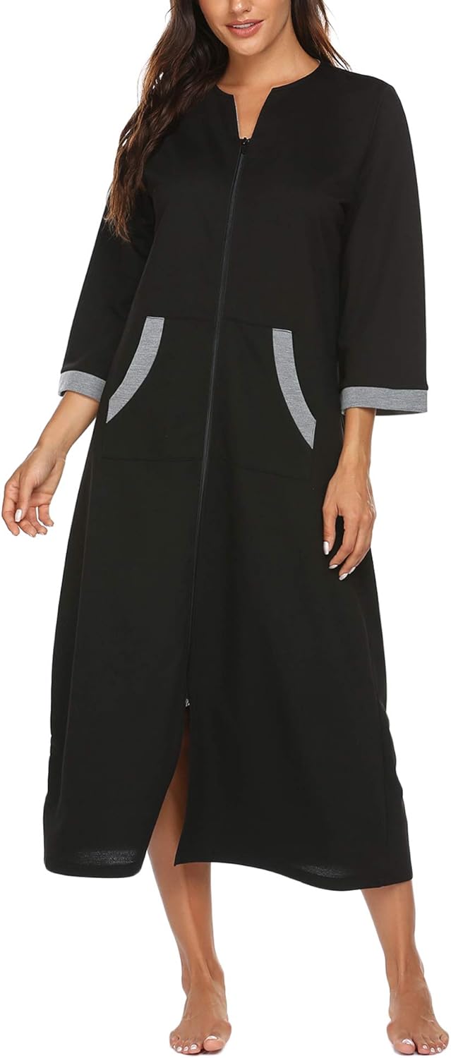 Ekouaer Women Zipper Robe 3/4 Sleeves Loungewear Dress Full Length Sleepwear Pockets Housecoat Nightgown Long Bathrobe - Image 4