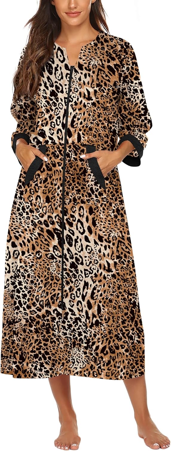 Ekouaer Women Zipper Robe 3/4 Sleeves Loungewear Dress Full Length Sleepwear Pockets Housecoat Nightgown Long Bathrobe - Image 8
