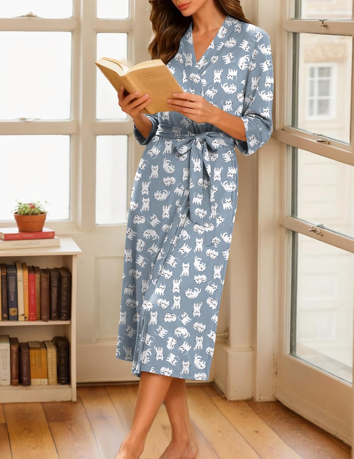 Ekouaer Women Robes Long Knit Bathrobe Lightweight Soft Kimono Robes Casual Ladies Loungewear with Pockets - Image 3